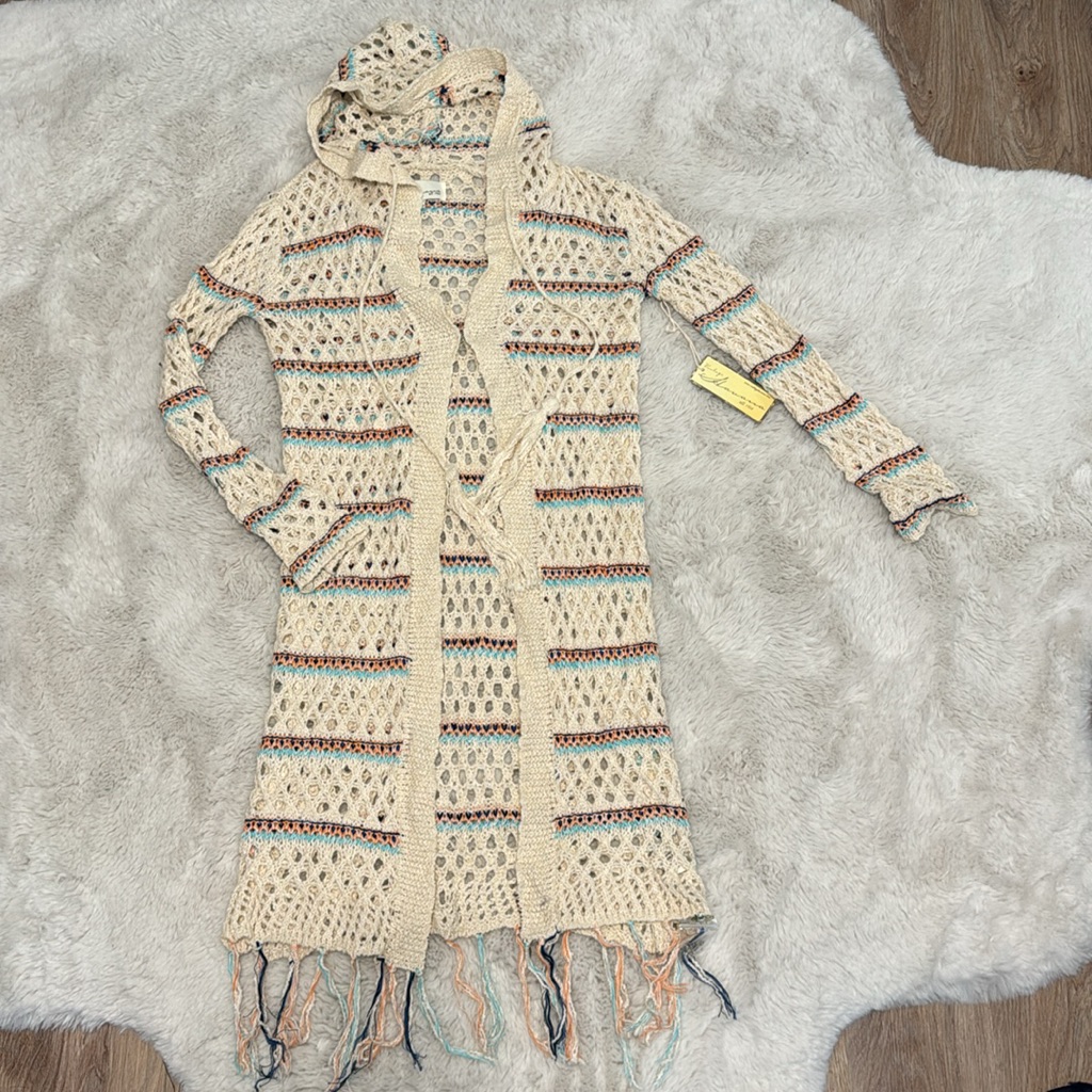 Vintage Havana Fringe Trim Open Knit Maxi Cardigan With Hood